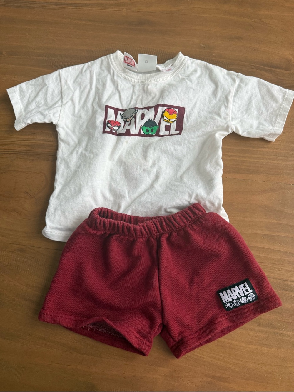 Zara Marvel Kids White Graphic Tee & Maroon Shorts Set